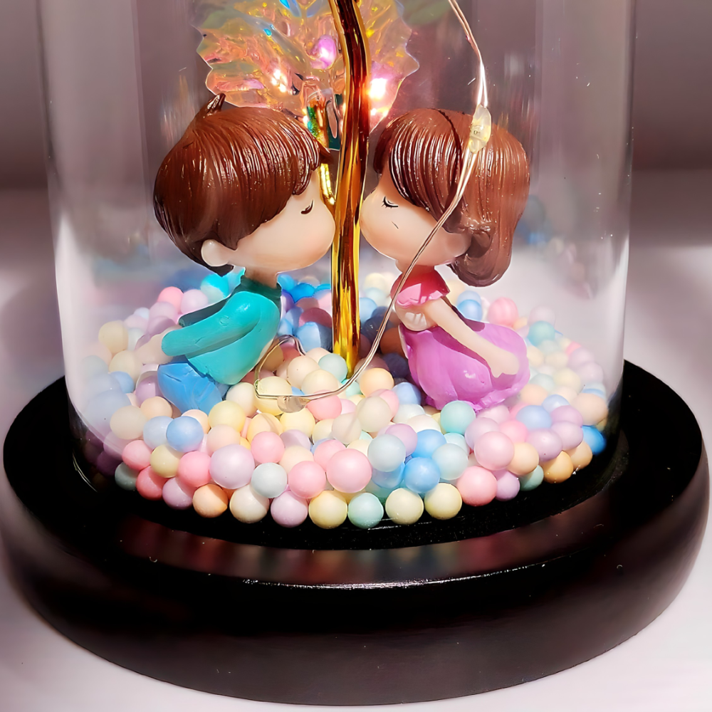 Galaxy ruža u staklenom zvonu sa LED svetlom i figuricama