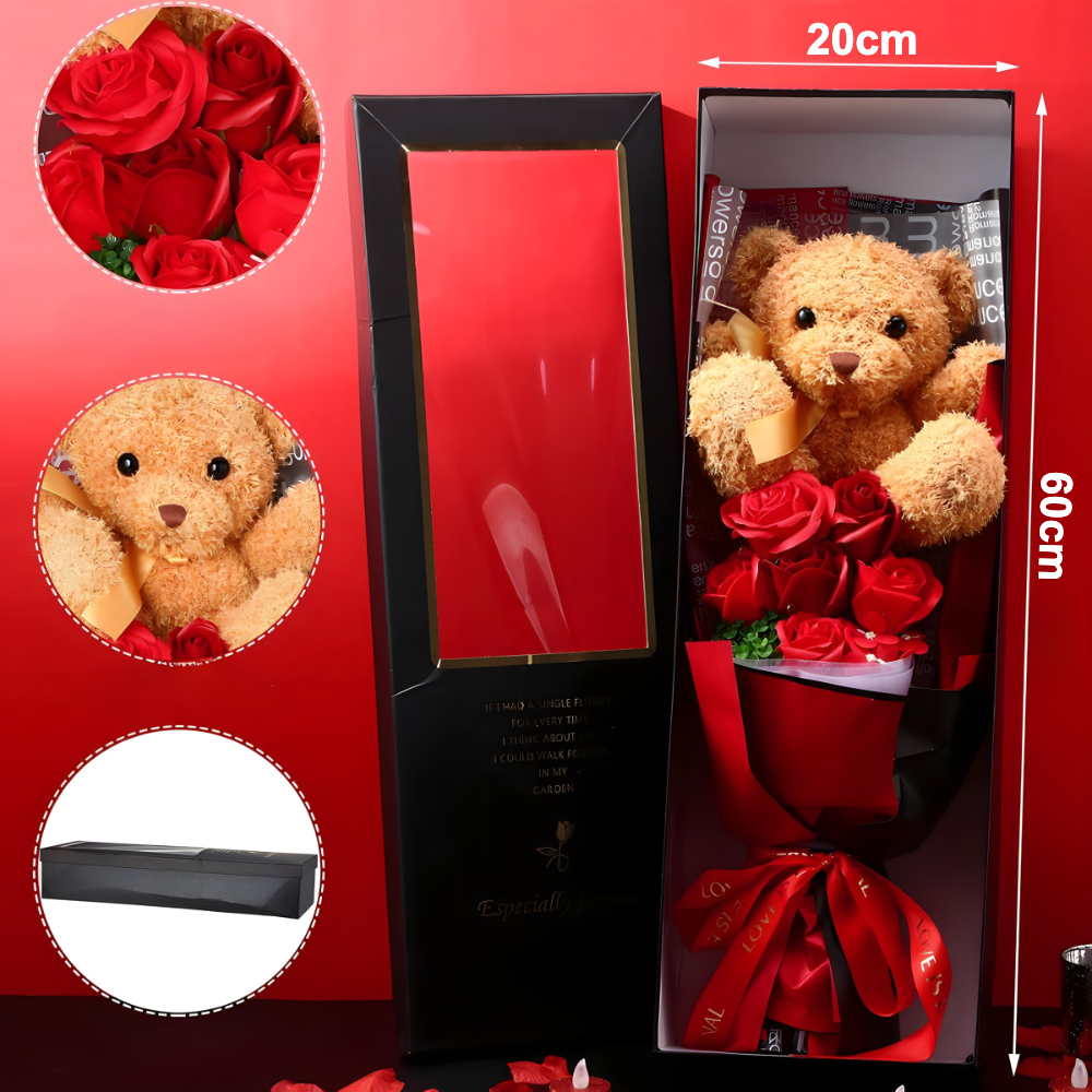 LUX poklon set – buket ruža, plišani medvedić i ogrlica u elegantnoj poklon kutiji