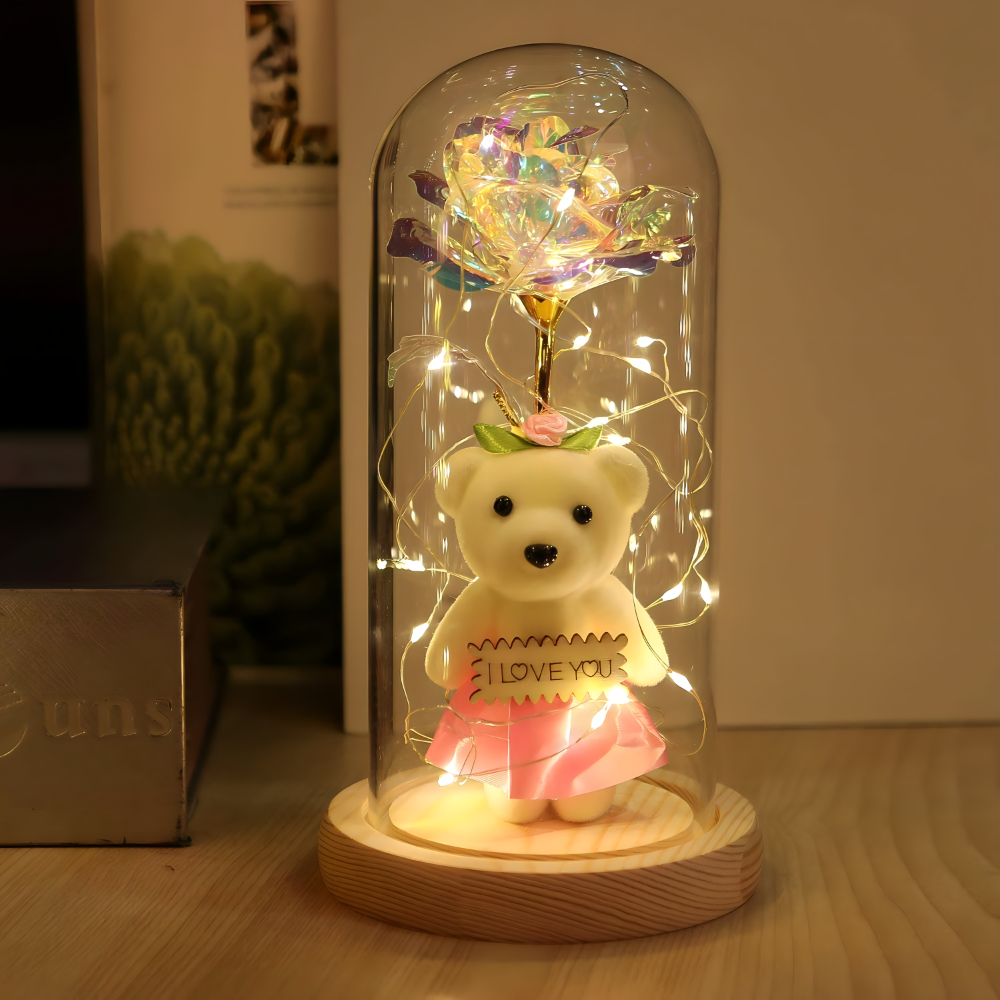 Romanticna LED lampa sa galaxy ruzom i medom u staklenom zvonu - rs-mangoshop.com