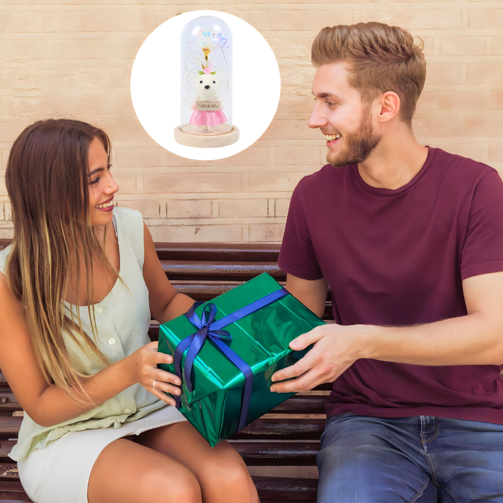 Romanticna LED lampa sa galaxy ruzom i medom u staklenom zvonu - rs-mangoshop.com