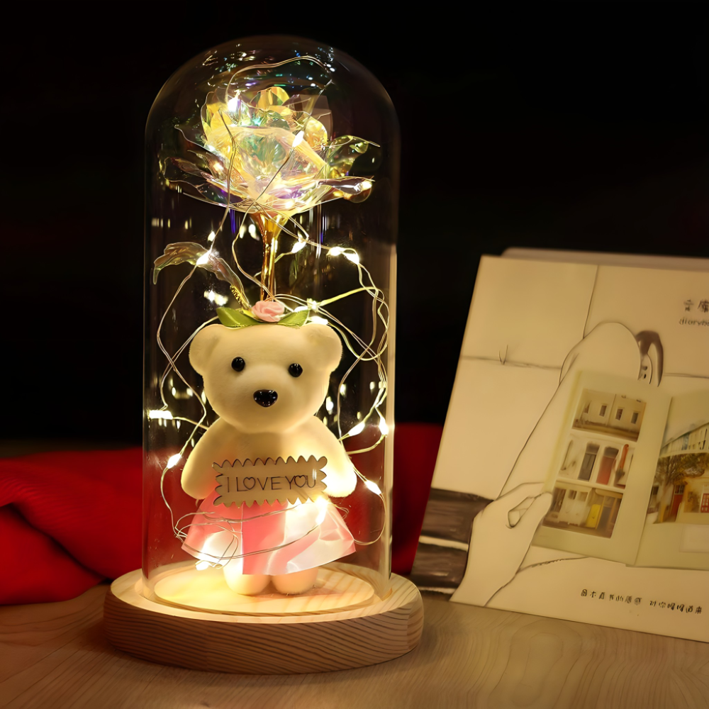 Romanticna LED lampa sa galaxy ruzom i medom u staklenom zvonu - rs-mangoshop.com