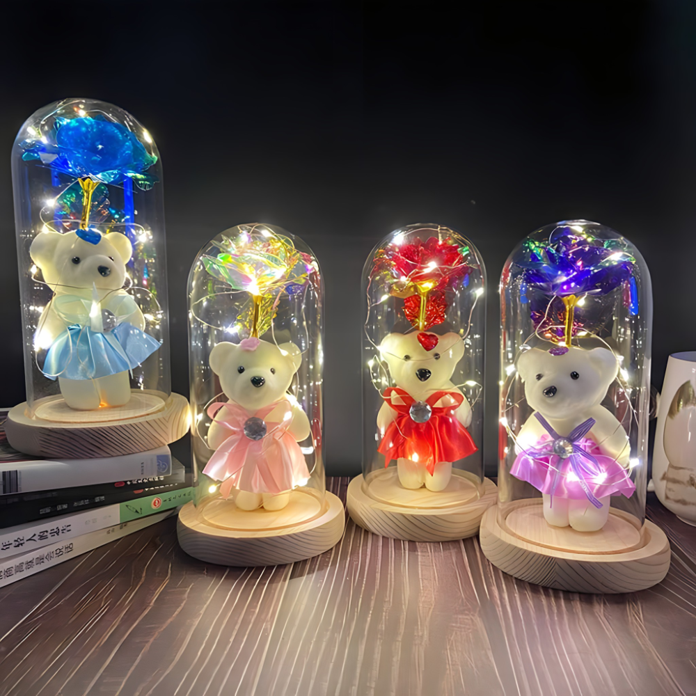 Romanticna LED lampa sa galaxy ruzom i medom u staklenom zvonu - rs-mangoshop.com