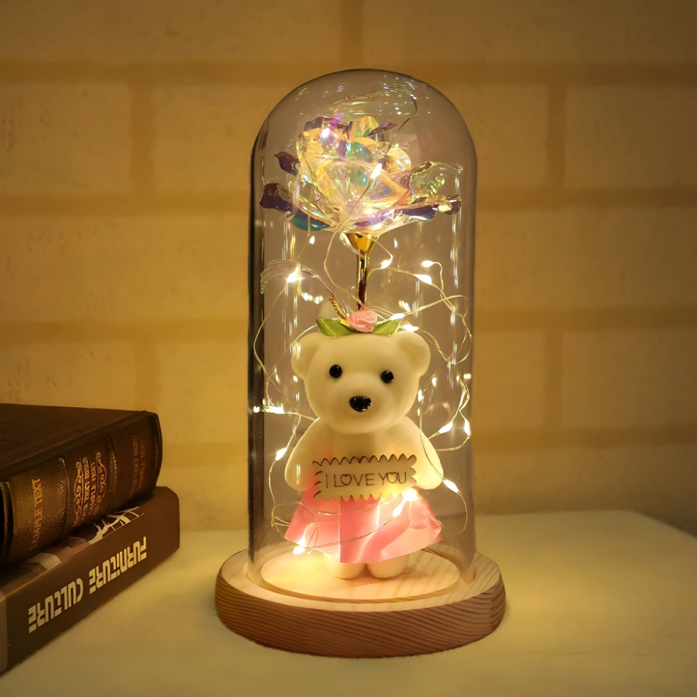Romanticna LED lampa sa galaxy ruzom i medom u staklenom zvonu - rs-mangoshop.com