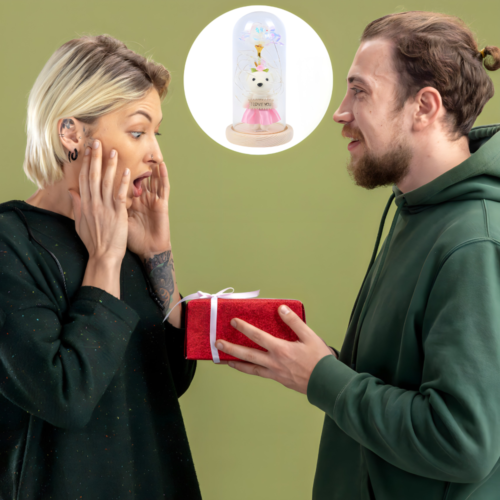 Romanticna LED lampa sa galaxy ruzom i medom u staklenom zvonu - rs-mangoshop.com