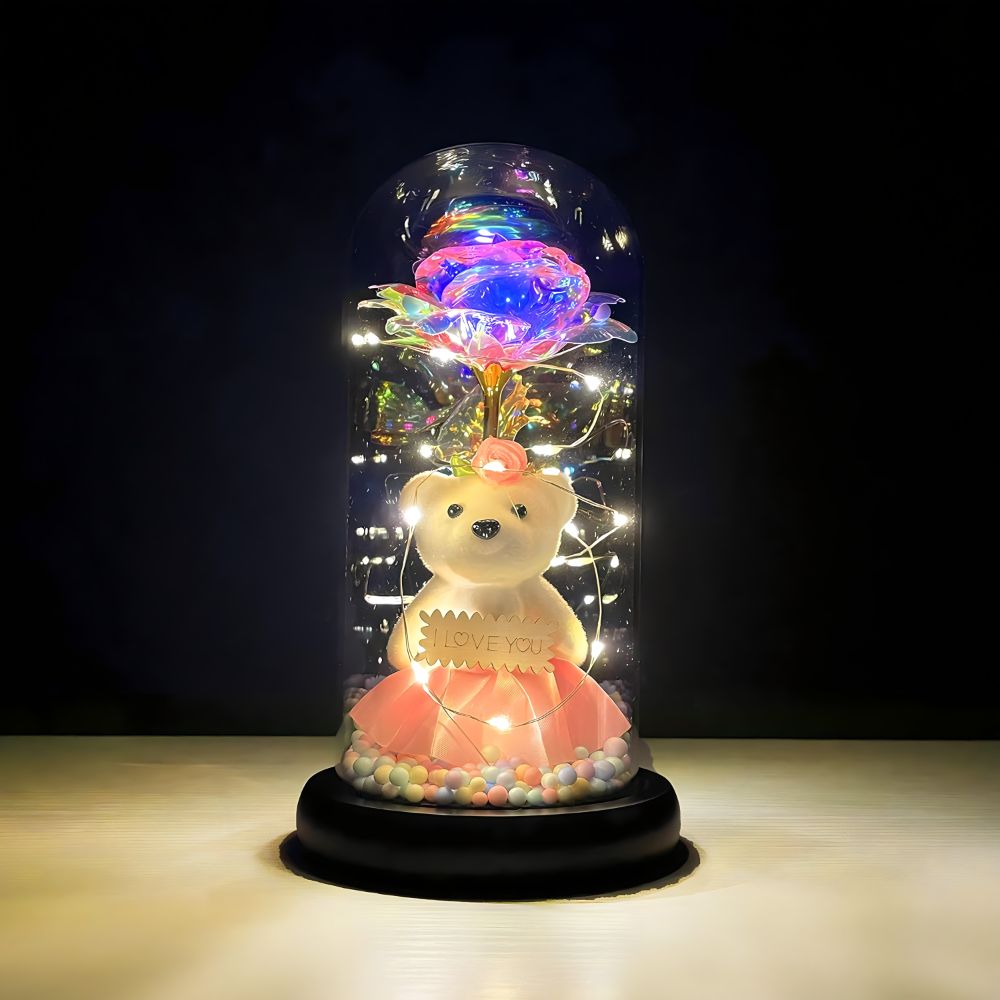 Romanticna LED lampa sa galaxy ruzom i medom u staklenom zvonu - rs-mangoshop.com