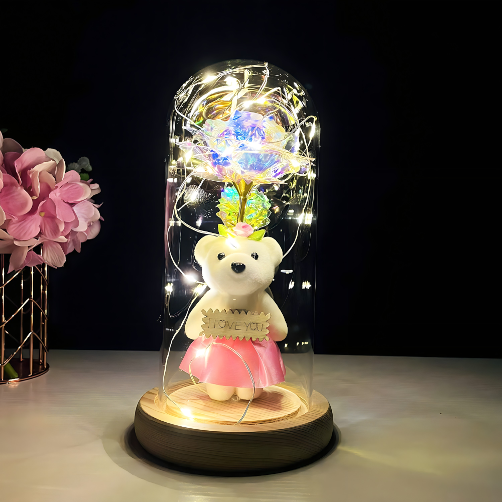 Romanticna LED lampa sa galaxy ruzom i medom u staklenom zvonu - rs-mangoshop.com