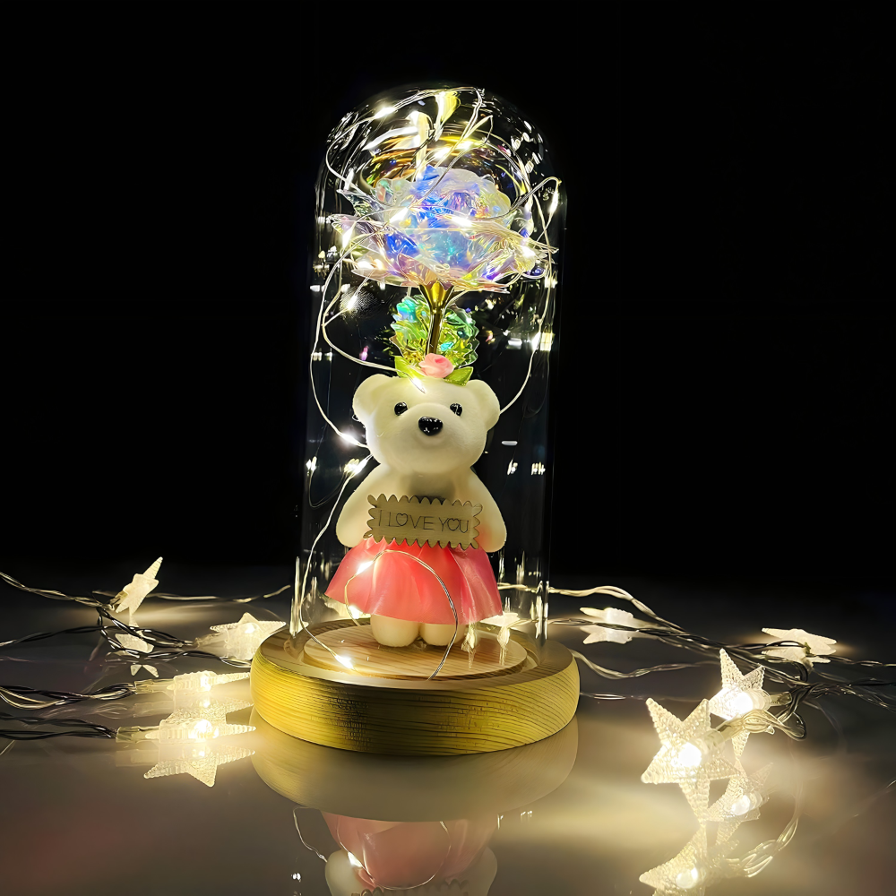 Romanticna LED lampa sa galaxy ruzom i medom u staklenom zvonu - rs-mangoshop.com