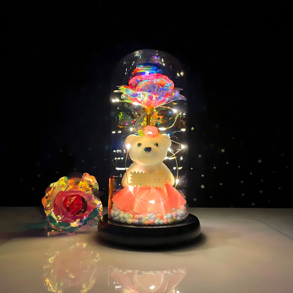 Romanticna LED lampa sa galaxy ruzom i medom u staklenom zvonu - rs-mangoshop.com