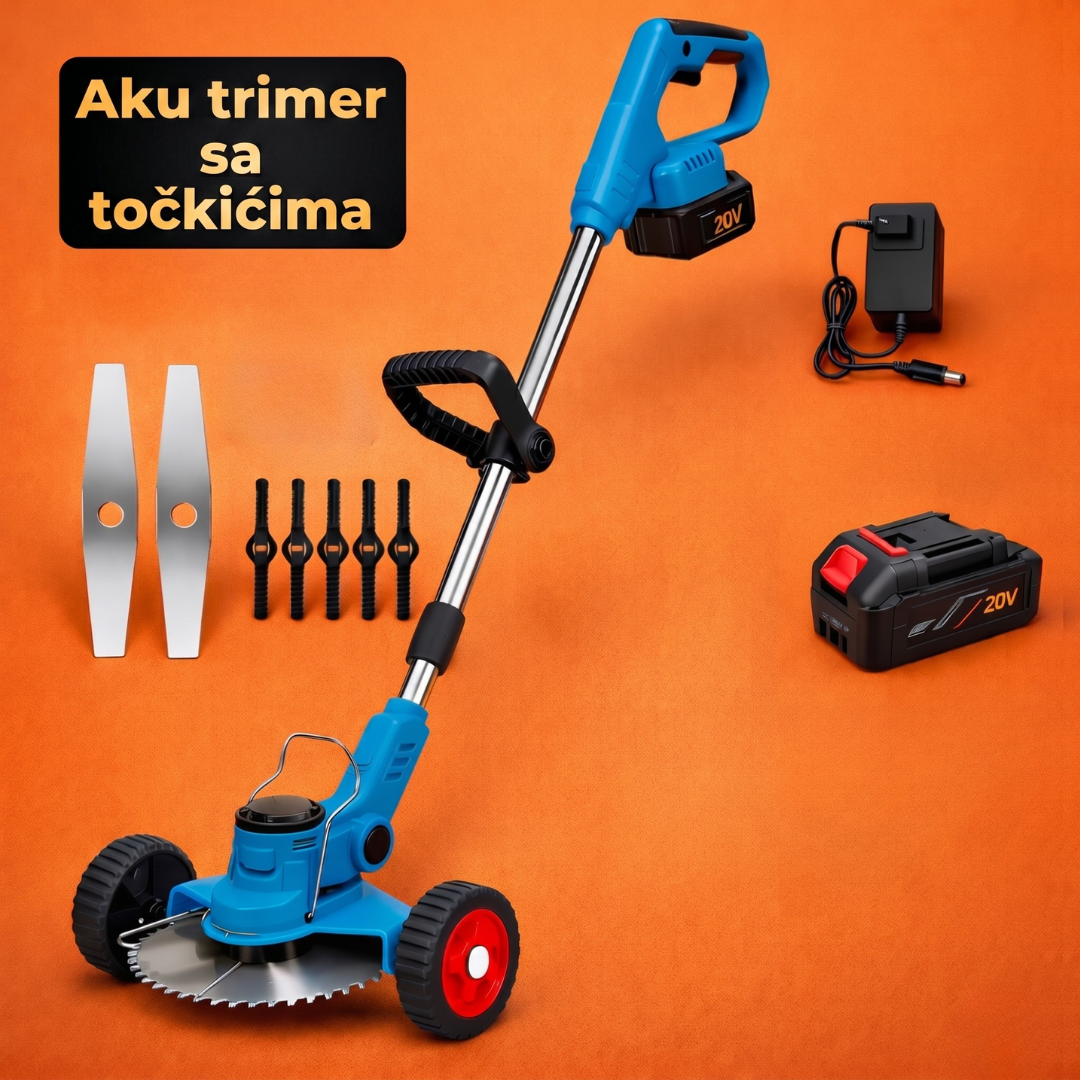 Aku trimer za travu sa točkićima + 2 baterije u setu