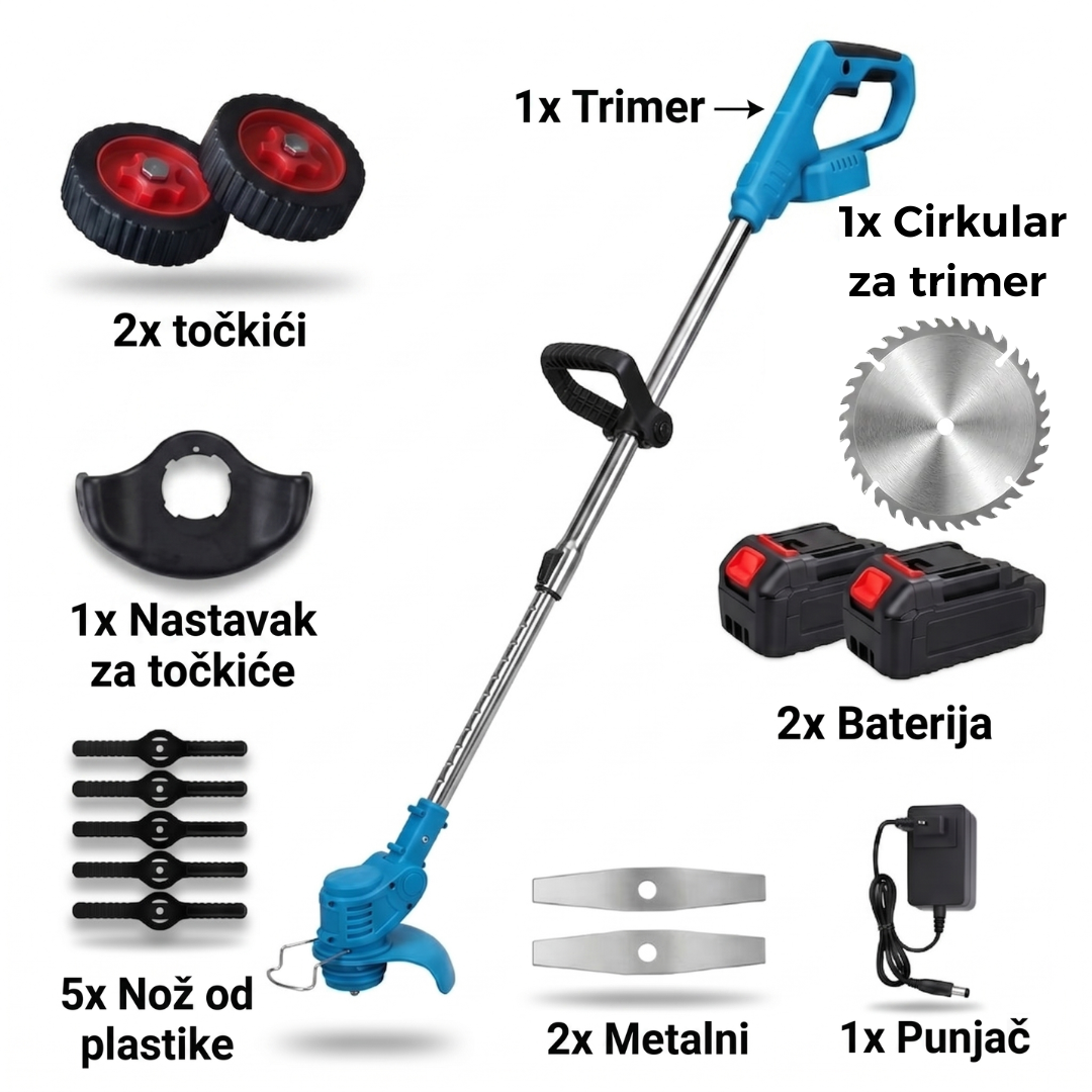 Aku trimer za travu sa točkićima + 2 baterije u setu