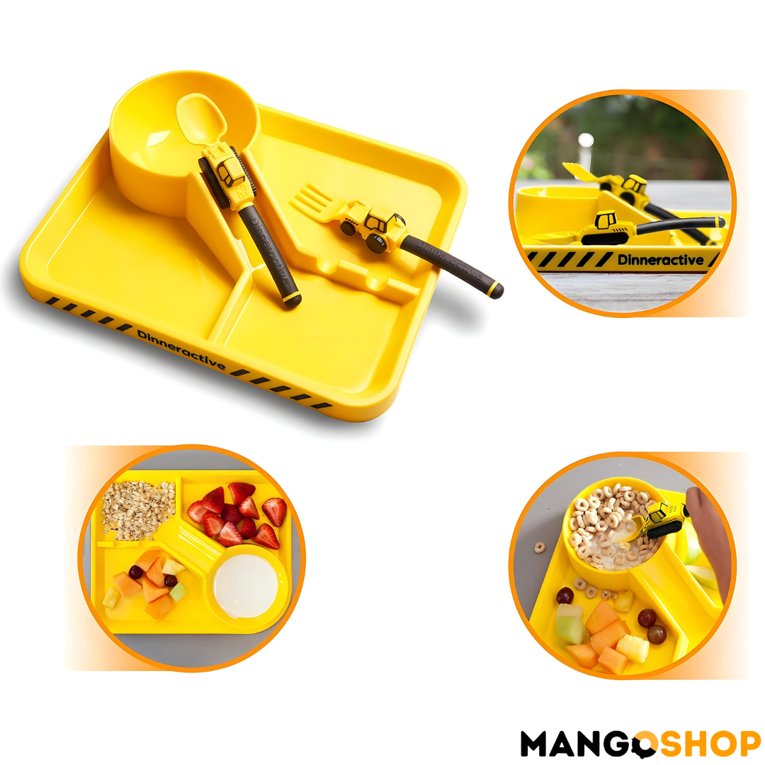 Zabavni deciji set za jelo – tanjir sa pregradama, viljuska i kasika kao traktor i bager - rs-mangoshop.com
