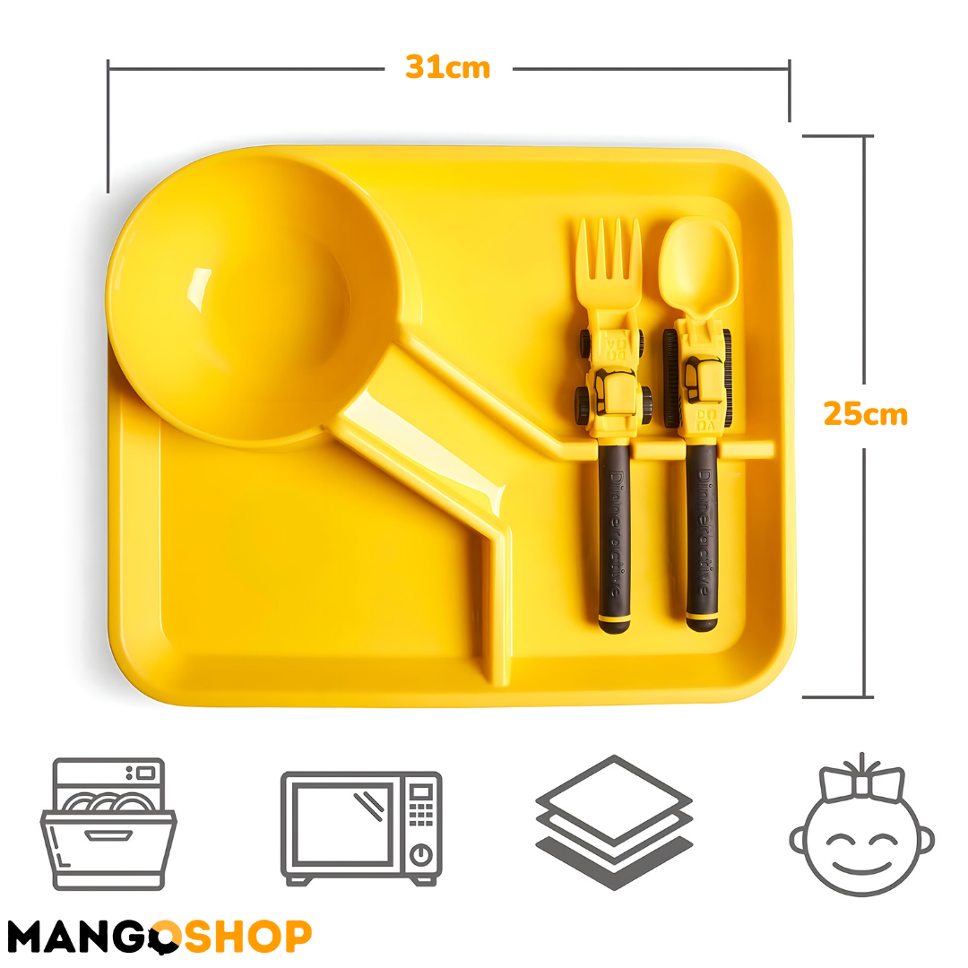Zabavni deciji set za jelo – tanjir sa pregradama, viljuska i kasika kao traktor i bager - rs-mangoshop.com