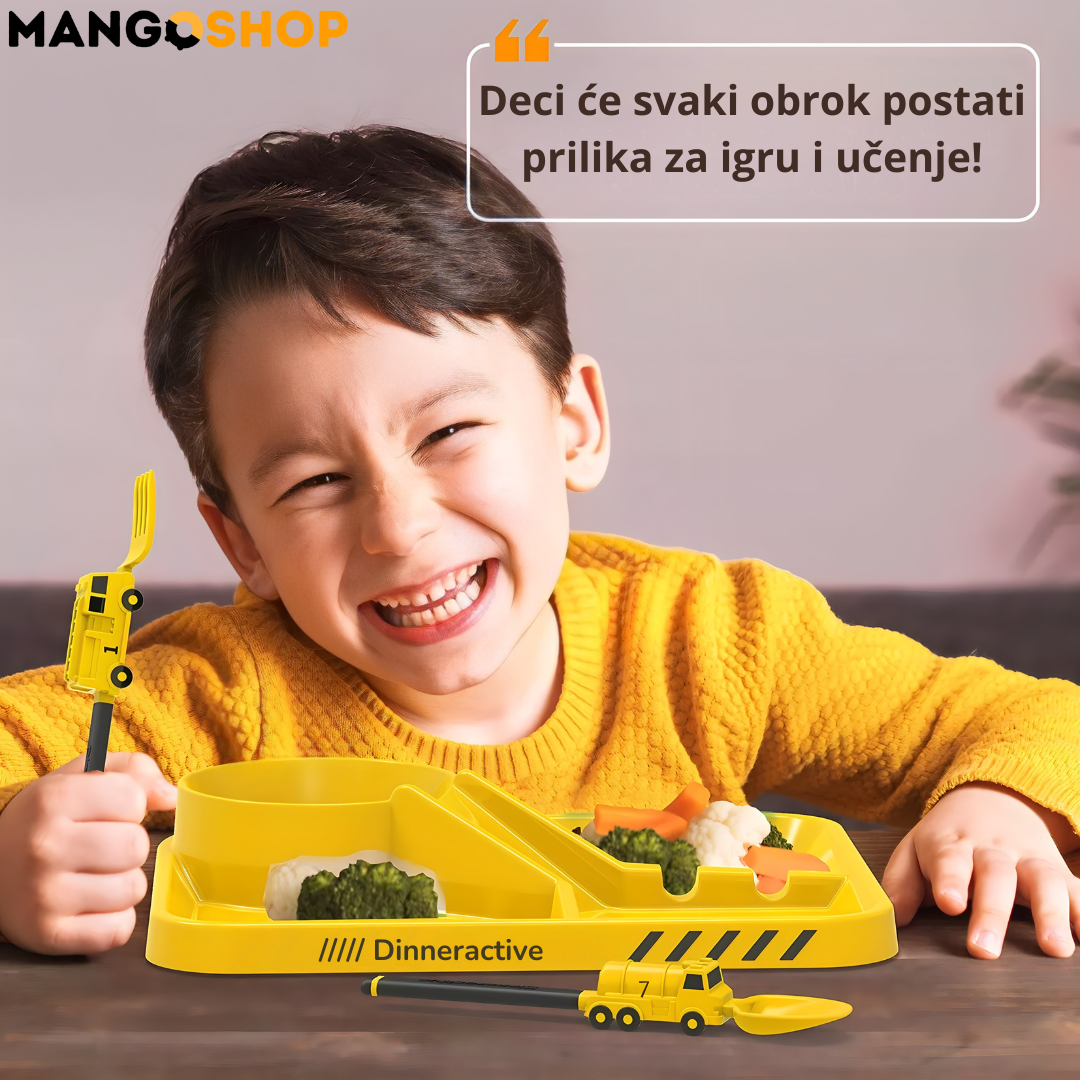 Zabavni deciji set za jelo – tanjir sa pregradama, viljuska i kasika kao traktor i bager - rs-mangoshop.com