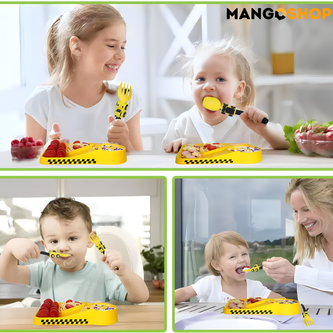 Zabavni deciji set za jelo – tanjir sa pregradama, viljuska i kasika kao traktor i bager - rs-mangoshop.com