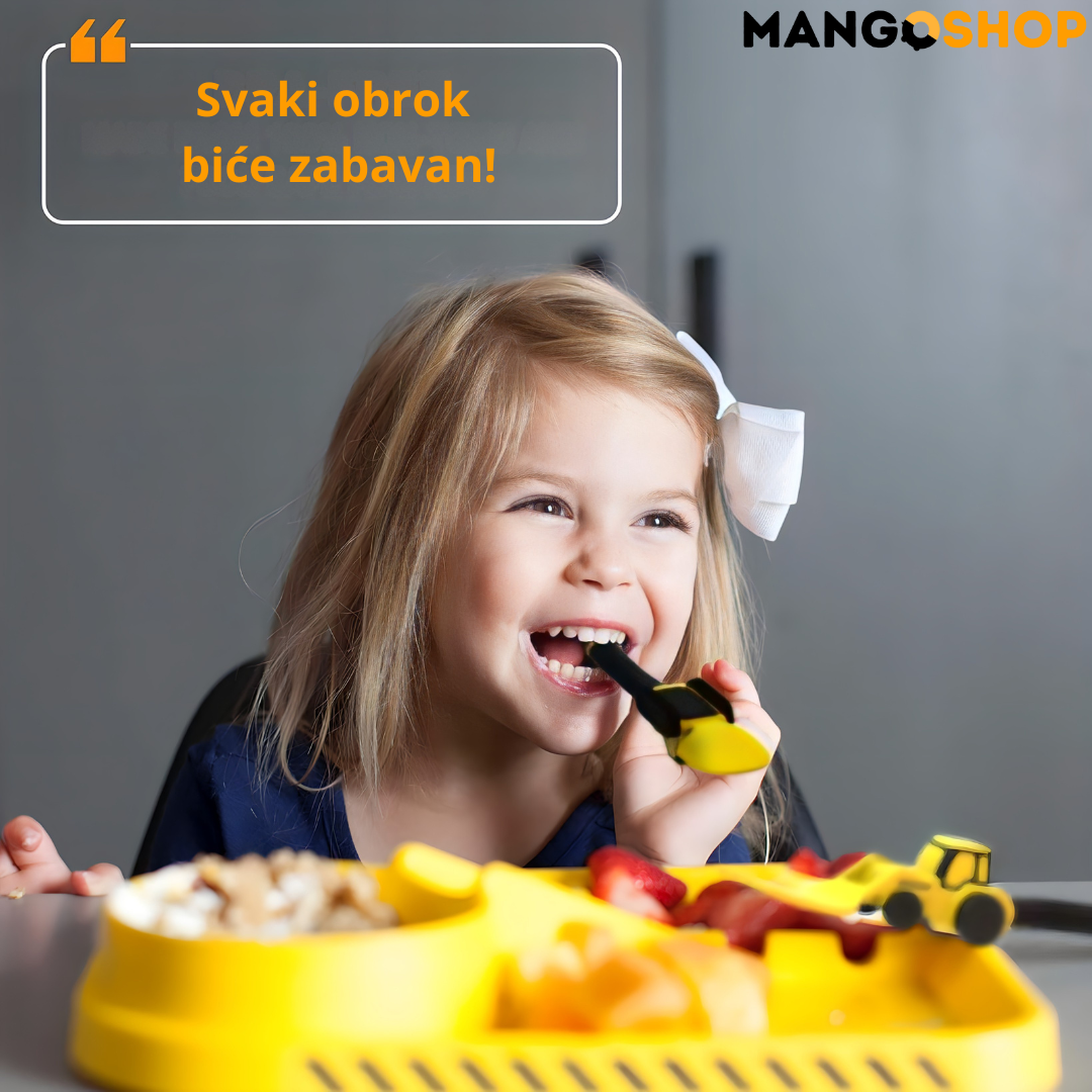 Zabavni deciji set za jelo – tanjir sa pregradama, viljuska i kasika kao traktor i bager - rs-mangoshop.com