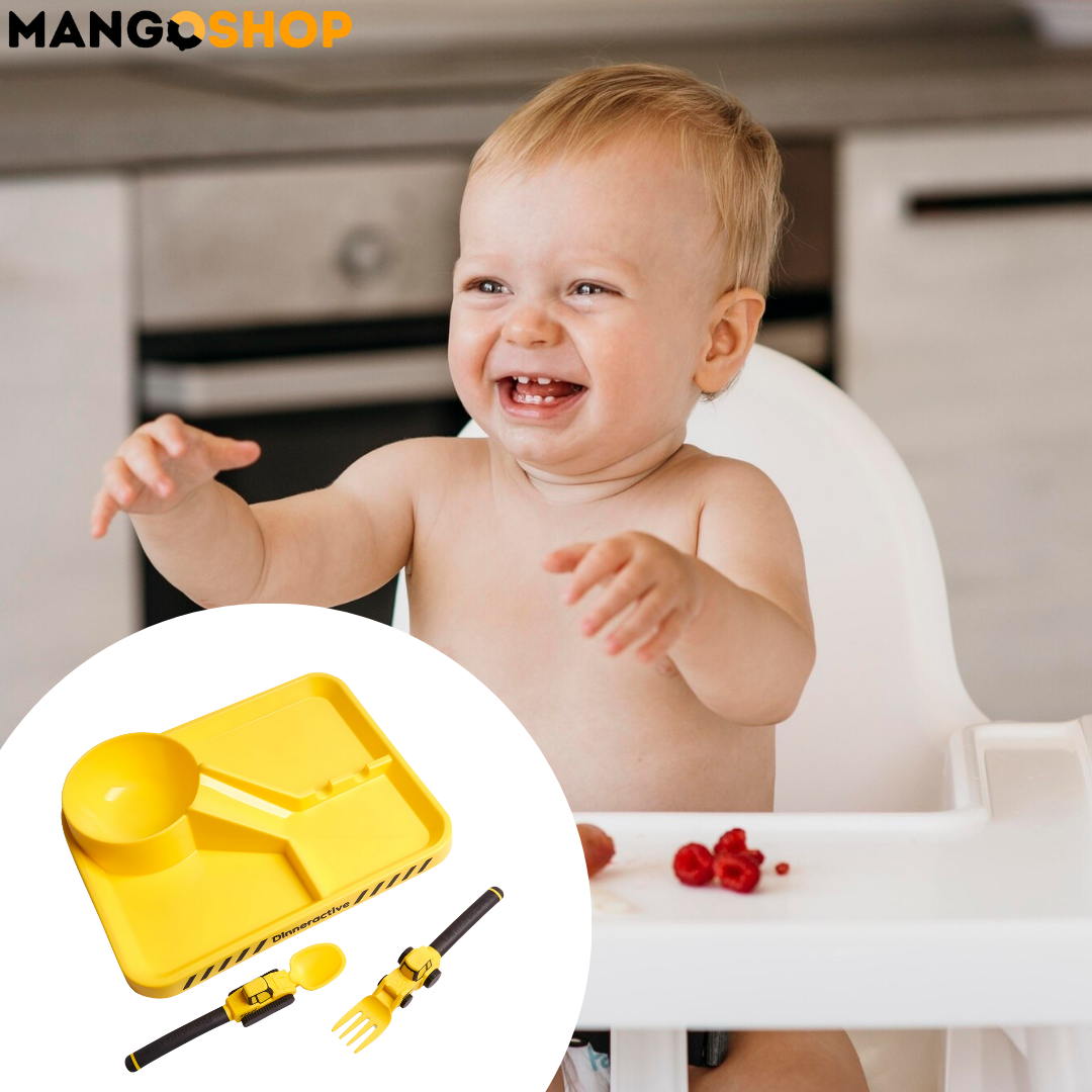 Zabavni deciji set za jelo – tanjir sa pregradama, viljuska i kasika kao traktor i bager - rs-mangoshop.com