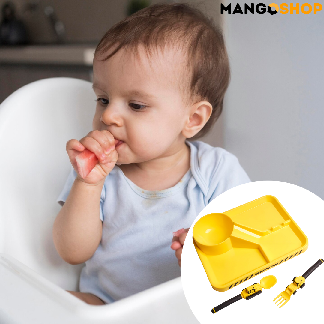 Zabavni deciji set za jelo – tanjir sa pregradama, viljuska i kasika kao traktor i bager - rs-mangoshop.com