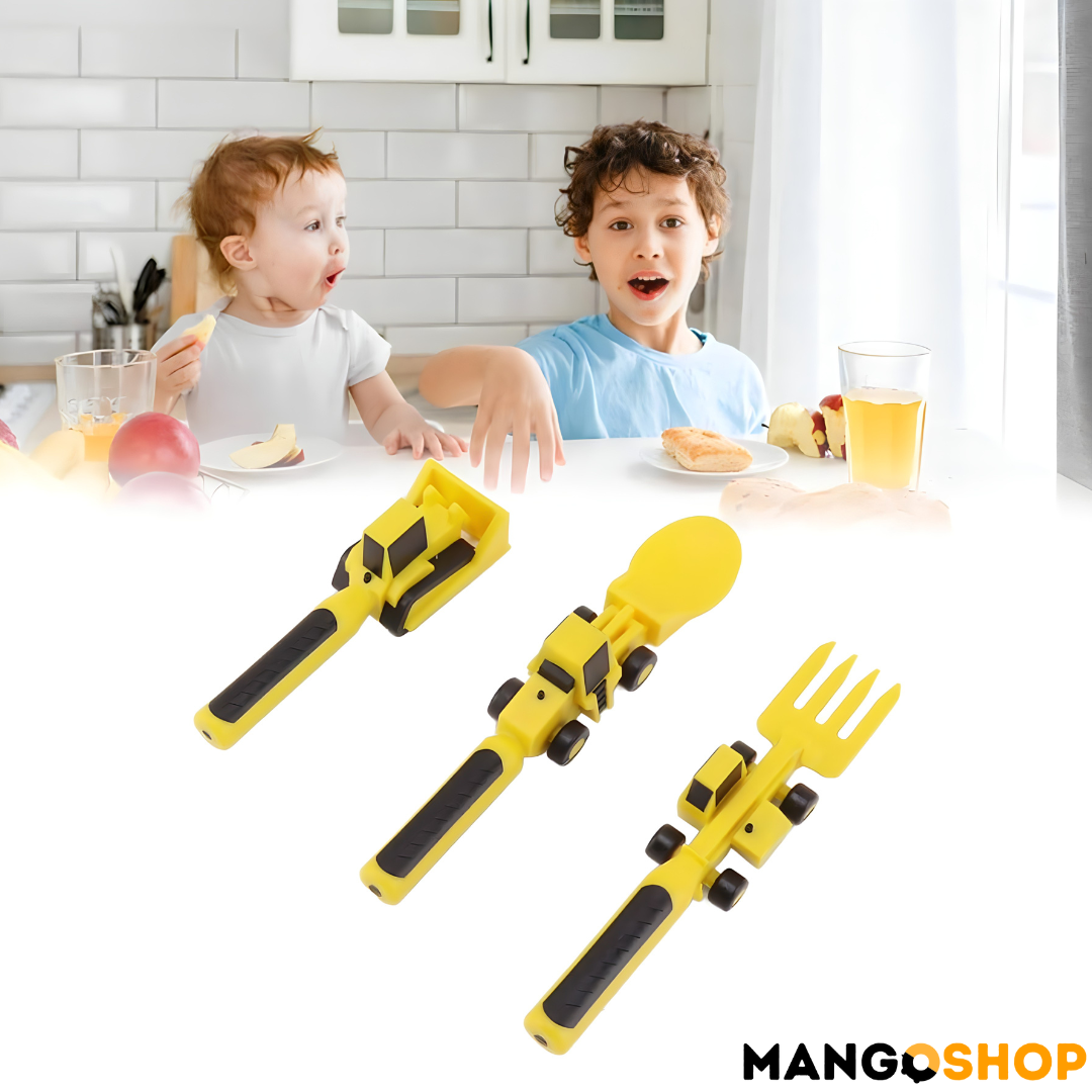 Zabavni deciji set za jelo – tanjir sa pregradama, viljuska i kasika kao traktor i bager - rs-mangoshop.com