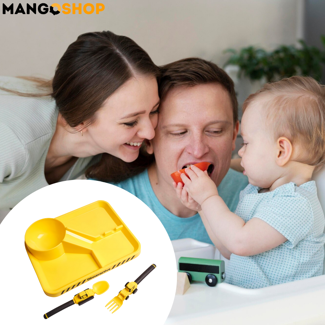 Zabavni deciji set za jelo – tanjir sa pregradama, viljuska i kasika kao traktor i bager - rs-mangoshop.com