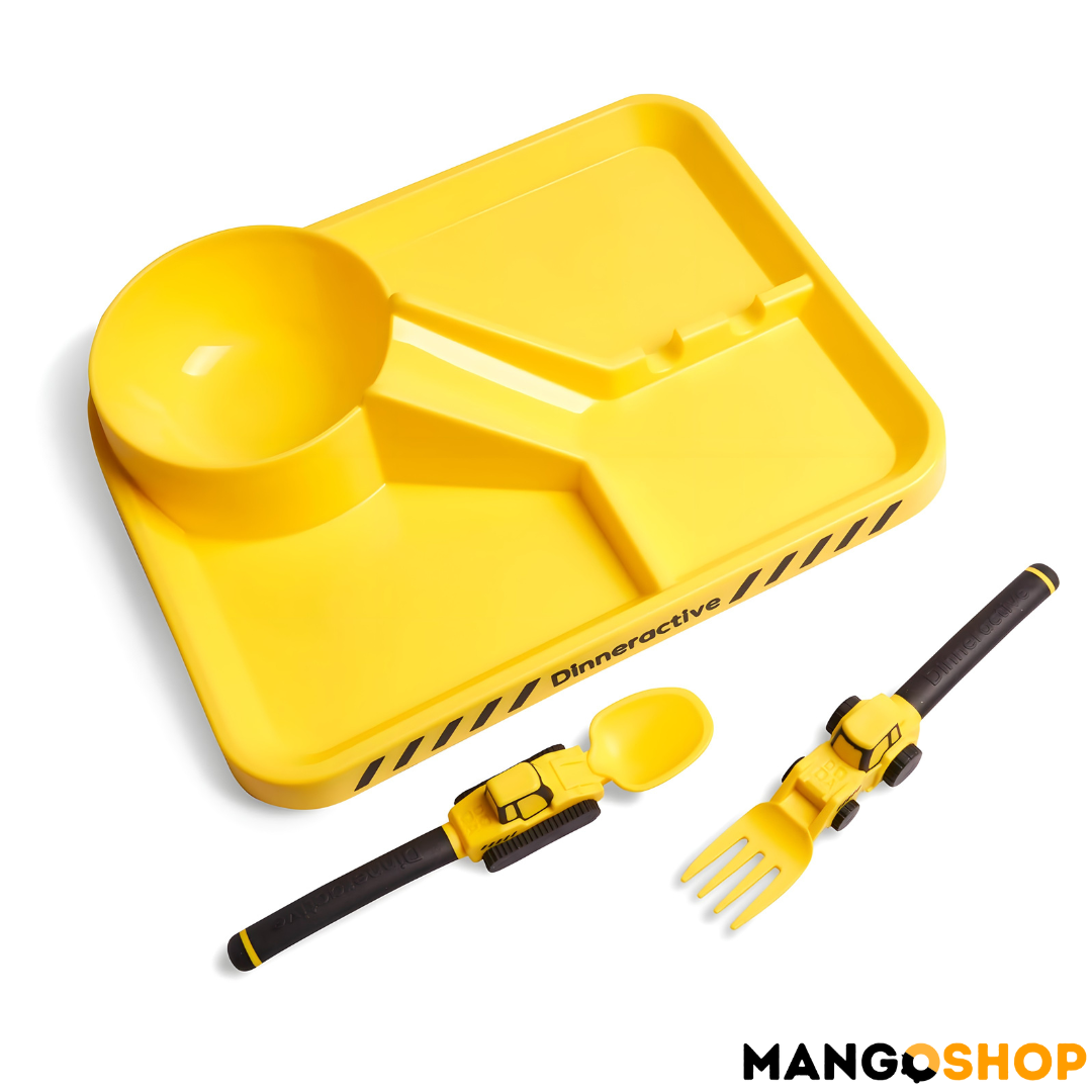 Zabavni deciji set za jelo – tanjir sa pregradama, viljuska i kasika kao traktor i bager - rs-mangoshop.com