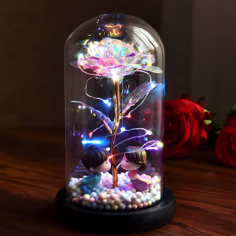 Galaxy ruža u staklenom zvonu sa LED svetlom i figuricama