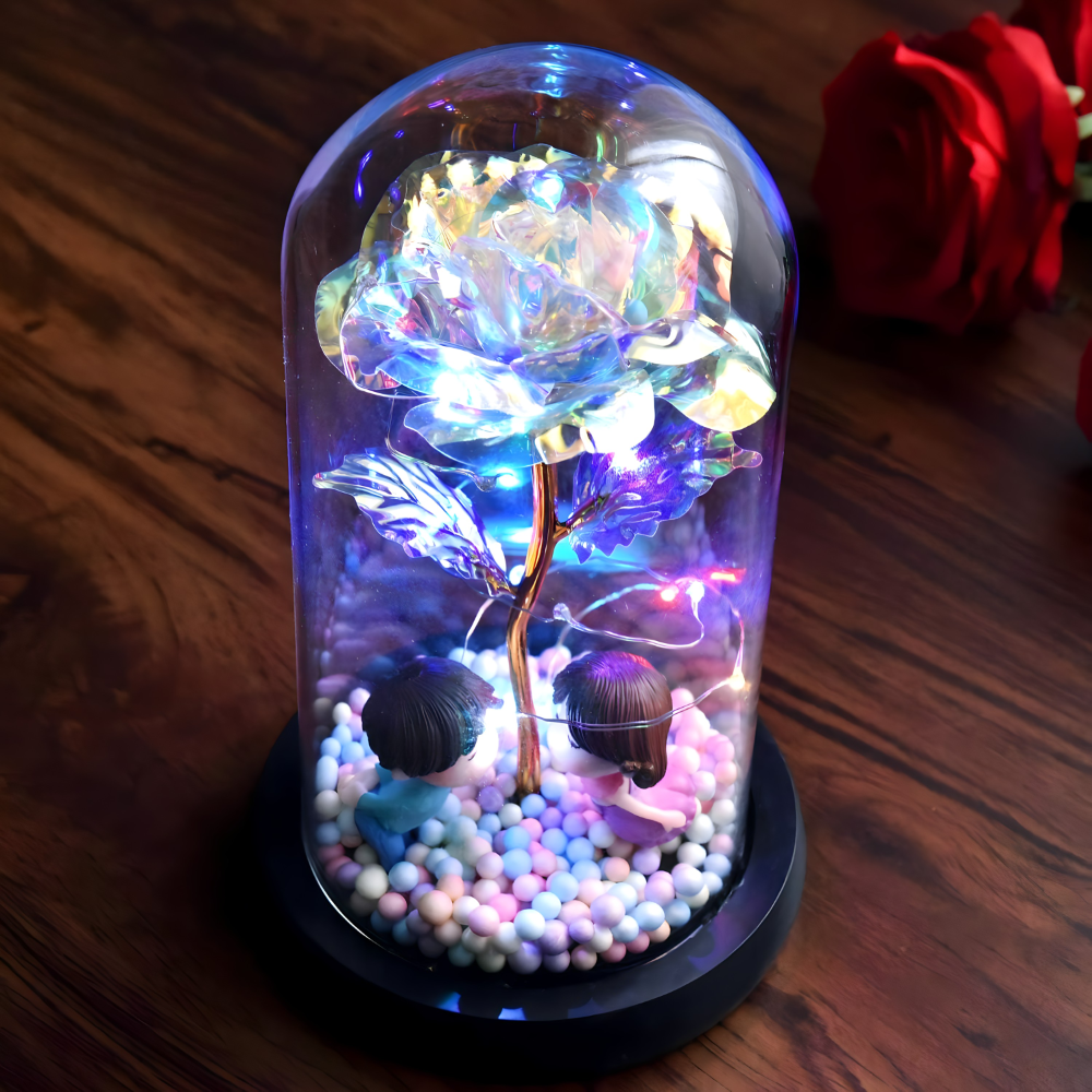 Galaxy ruža u staklenom zvonu sa LED svetlom i figuricama