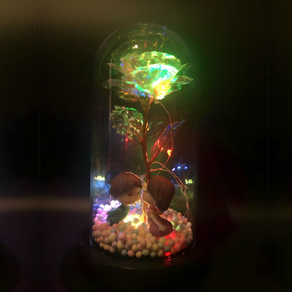 Galaxy ruža u staklenom zvonu sa LED svetlom i figuricama